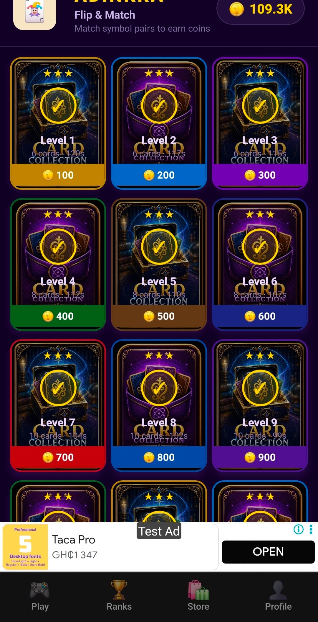 Adinkra Match card collection levels