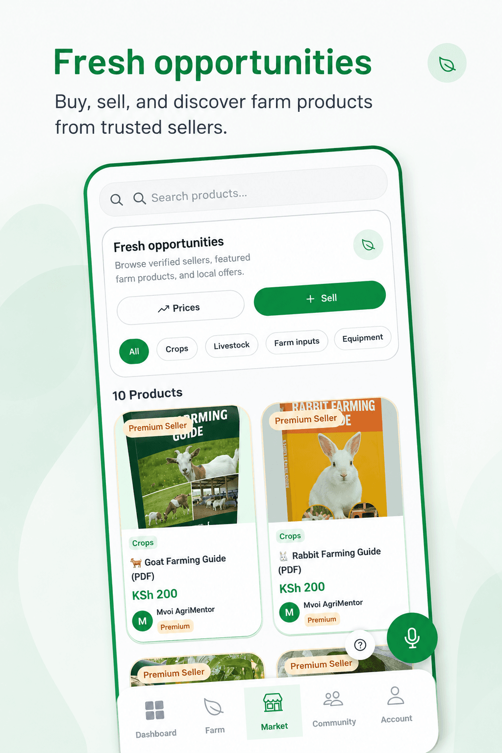 Agriquex Hub marketplace screen